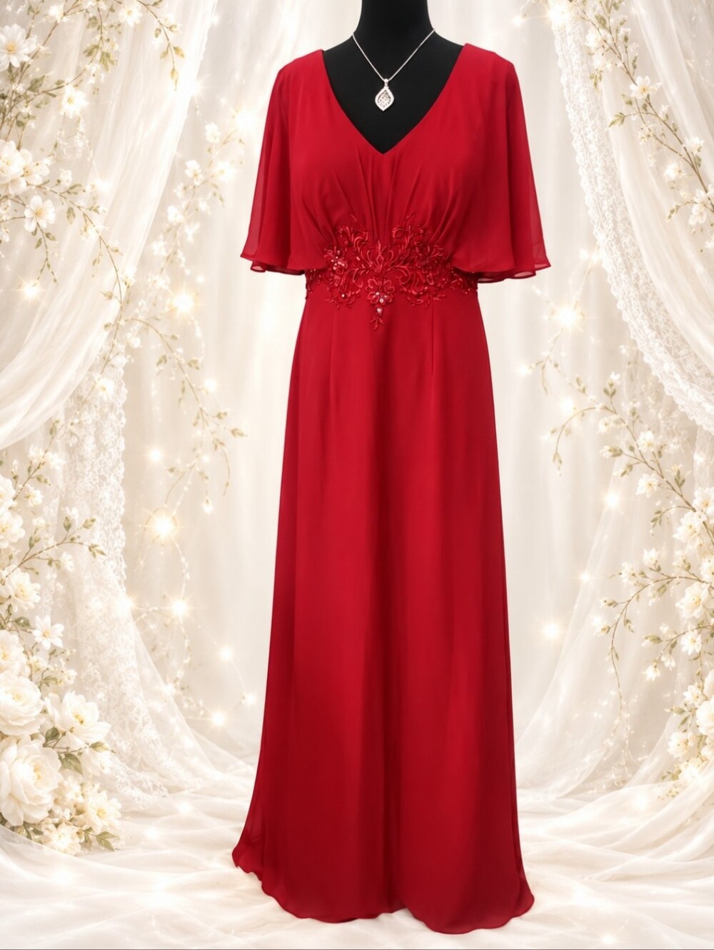 JJs House Burgundy V-Neck Maxi Dress with Embroidered Waist